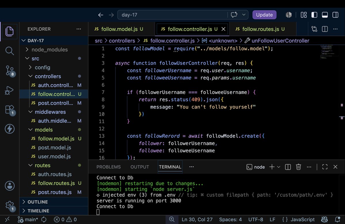 devHamza03's tweet photo. 🚀 Day 9 of Backend Development

Implemented the Follow &amp; Unfollow feature for my Instagram Clone today.

Built the model, controllers, API endpoints, and follow/unfollow logic by myself. 💻

Slowly turning the project into a real application.

#backend #nodejs #mongodb #webdev https://t.co/cWzpT5oCHl