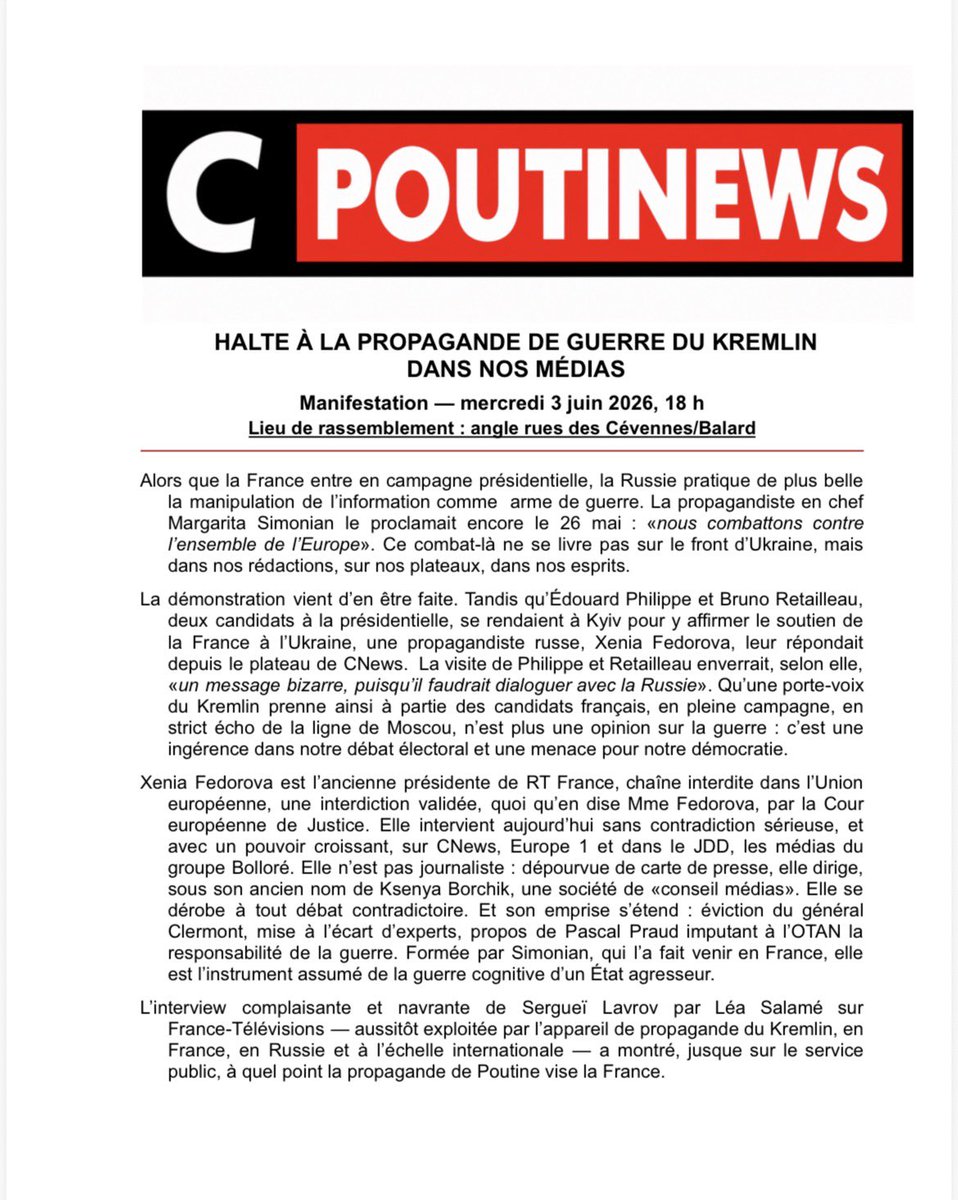 union_ukr_fr's tweet photo. 🚨 STOP à la propagande du Kremlin dans nos médias !

📺 Sur CNews, Europe 1, JDD, une ancienne dirigeante de RT France, Xenia Fedorova, relaie les narratifs du Kremlin en pleine campagne présidentielle.
 ➡️ Ce n’est pas du débat. C’est de l’ingérence. https://t.co/5h1FfJjYdD