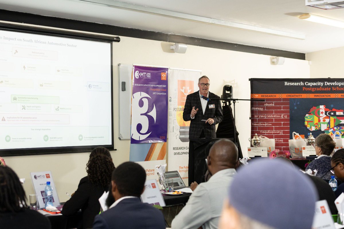 UJAccountancy's tweet photo. Recently, PhD student, Mr KJB Engelbrecht (Karel), participated in the University of Johannesburg 3-Minute Thesis (3MT) Competition, presenting his research on:

"The implications of the EU's Carbon Border Adjustment for the South African motor industry."

Karel was the only participant from the Department of Accountancy and one of only two representatives from the College of Business and Economics, joining 17 postgraduate researchers from seven UJ faculties.

Reflecting on the experience, Karel described it as "nerve-wracking, exhilarating and humbling." He shared that being surrounded by so much curiosity, courage, and brilliance reminded him why he loves academia.

While he did not place in the top three, we are incredibly proud of Karel for stepping forward, embracing the challenge, and delivering an outstanding presentation. A special word of appreciation to his supervisors, Prof Marina Bornman and Dr Muneer Hassan, for their guidance and support throughout his doctoral journey.

Congratulations, Karel, on representing Accountancy@UJ so well and showcasing the impact of your research on a national and global issue.

#UJ #CBE #SOA