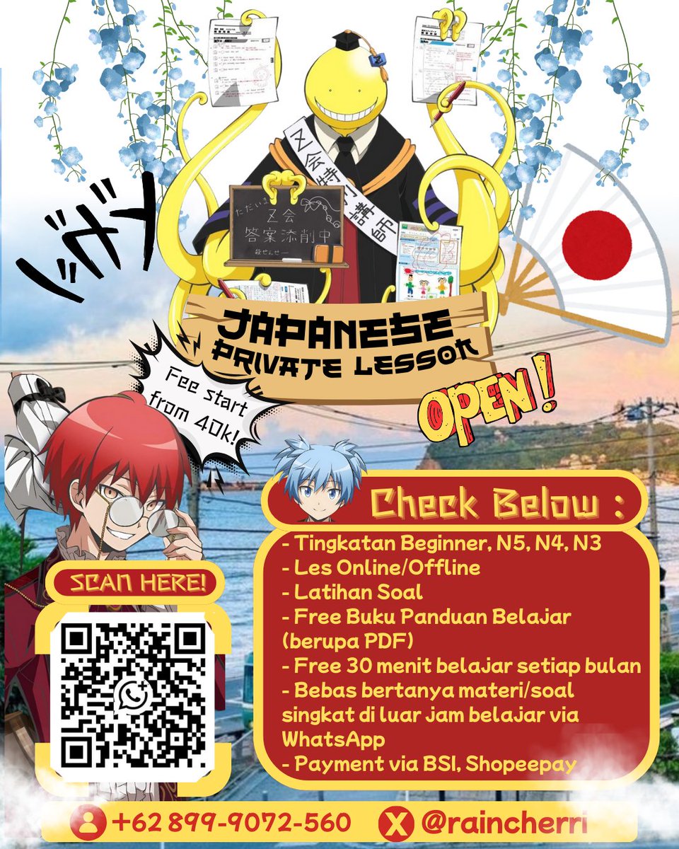 raincherri's tweet photo. mina san aku masih open les private bahasa jepang online ya, dari 0, N5, N4, N3. bisa nentuin jadwal sendiri, yuk wa aku di bio/scan qr di bawah. free 30 menit tiap bulan juga loh 🤩 masih banyak kuota kosong nih untuk malam 7 di bulan juni, ayo booking!😁 #zonauang #zonajajan https://t.co/9Tp5vcIkyg
