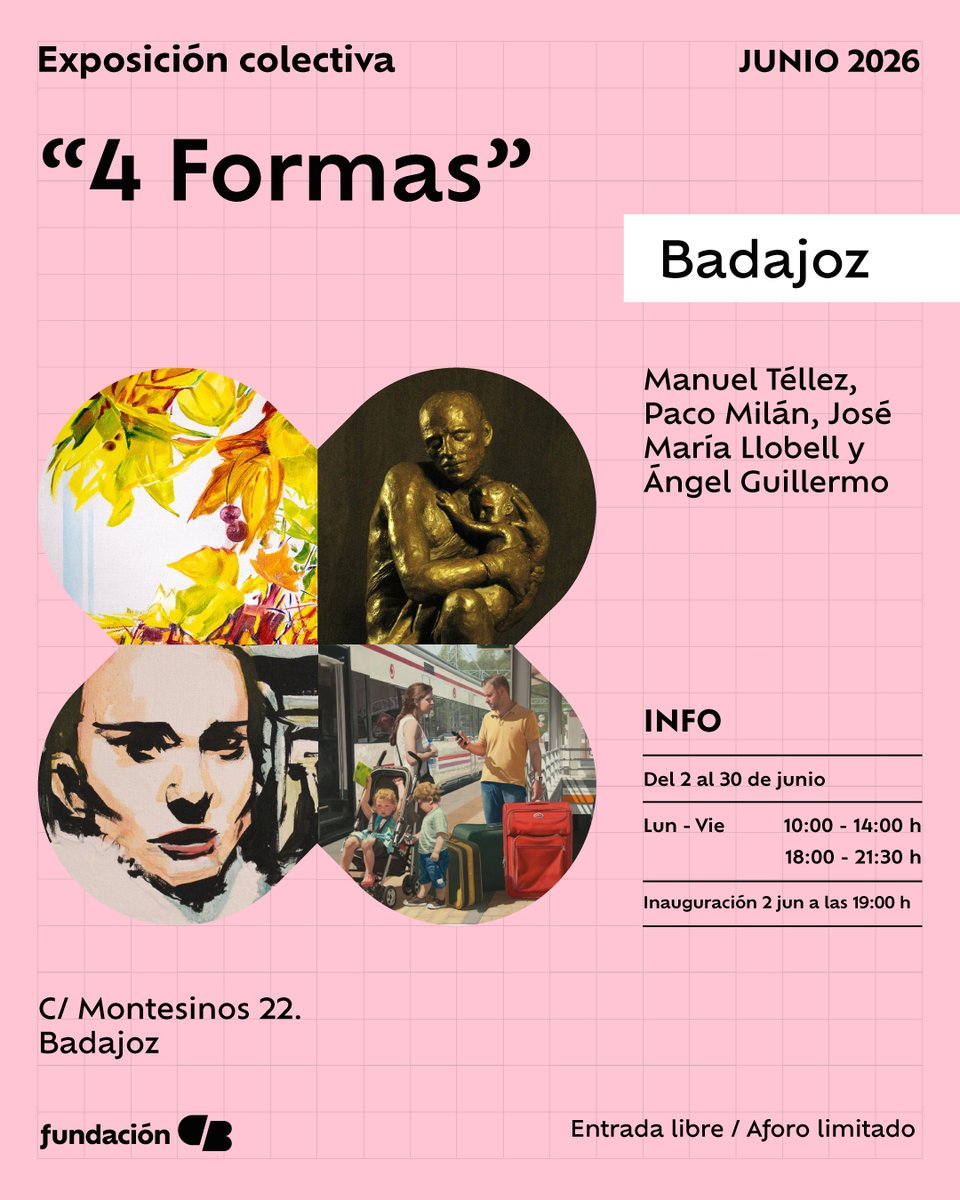 _FundacionCB's tweet photo. La exposición "4 formas" reúne la obra de Manuel Téllez, Paco Milán, José María Llobell y Ángel Guillermo, cuatro artistas que, desde lenguajes y trayectorias diferentes, comparten una mirada común.

📆Inaugura: 2 de junio 19:00 h.
⌚Hasta el 30 de junio
📌Montesinos 22, Badajoz https://t.co/JARxxlXB6E
