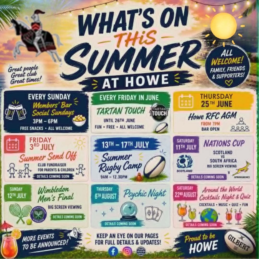HoweOfFifeRFC's tweet photo. 🏴󠁧󠁢󠁳󠁣󠁴󠁿Nations Cup Scotland v South Africa Big Screen Viewing - 11 July
🎾Wimbledon Mens Final Big Screen Viewing - 12 July
🔮Psychic Night - 6 August
🍹Around the World Cocktail &amp; Quiz Night - 22 August

**Dates subject to change https://t.co/KvDetgNPDo