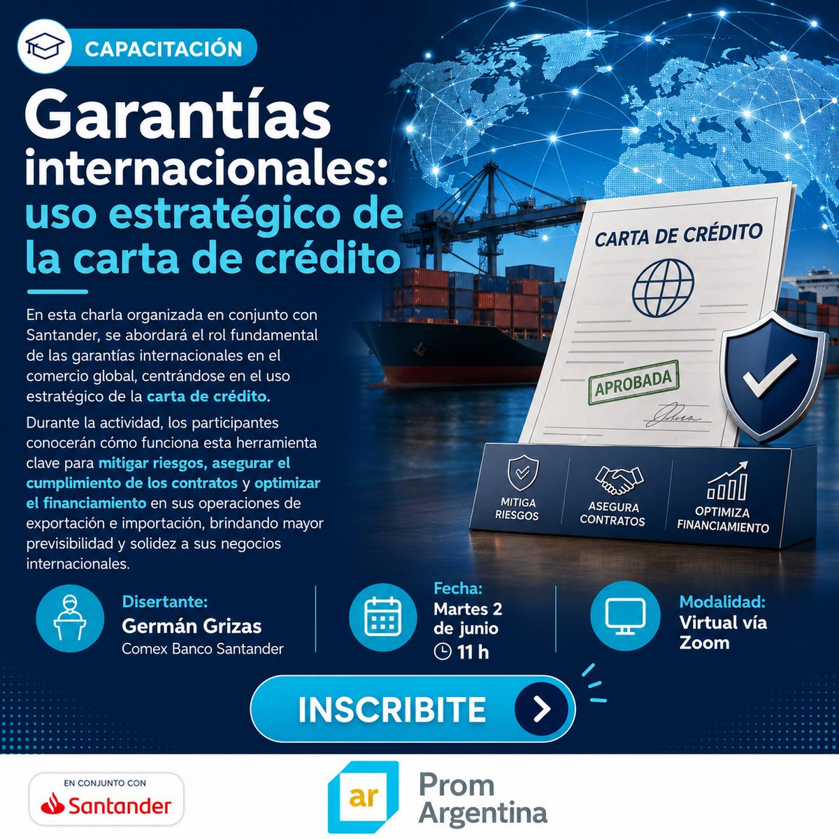 CtesExporta's tweet photo. 🌎💳 Conocé cómo la carta de crédito puede ayudarte a reducir riesgos y asegurar tus operaciones internacionales.

🔹 Circuito operativo
🔹 Roles y responsabilidades
🔹 Bancos intervinientes
🔹 Claves para un cobro garantizado
👉 Inscribite: https://t.co/WPVphw2w68 https://t.co/elZWettJEM