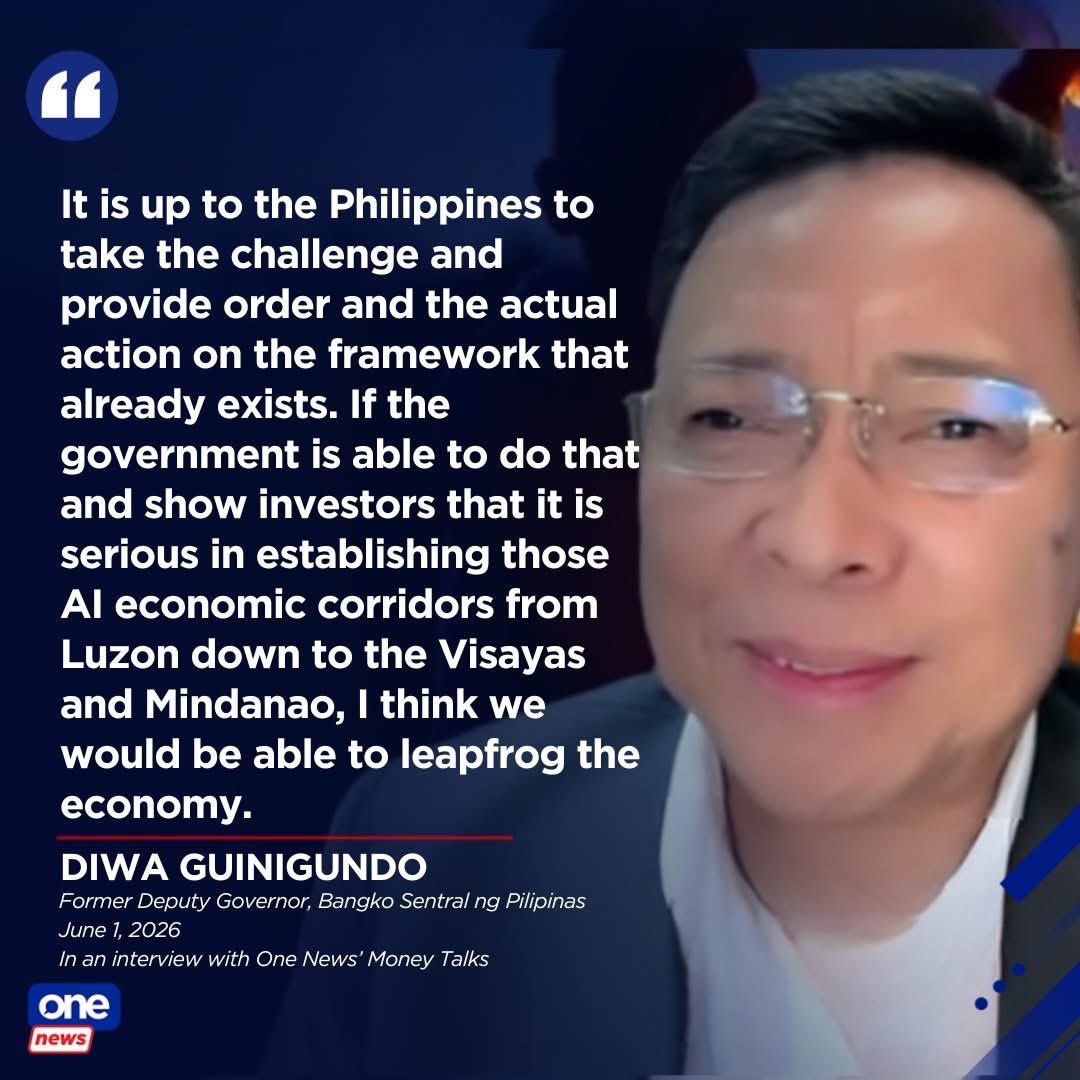 cathyyang's tweet photo. Building artificial intelligence (AI)-driven hubs within the Luzon Economic Corridor and other parts of the Philippines is one way to leapfrog the economy, according to former central banker Diwa Guinigundo.

Guinigundo, a former deputy governor at the Bangko Sentral ng Pilipinas, tells One News’ “Money Talks” that the government should show seriousness in establishing the 1,600-hectare AI industrial hub under the United States (US)’ Pax Silica initiative in New Clark City, Tarlac, for the benefit of the economy.

“We have to break the mold and allow innovation to be the next layer of industrial policy in the Philippines today. There's no other alternative,” he says.

Pax Silica is built within the Luzon Economic Corridor, a trilateral initiative between the Philippines, the US and Japan. 

Just this Monday, President Marcos had a phone call with US State Secretary Marco Rubio, where they discussed “critical regional and economic priorities, and bilateral trade matters.” | via Money Talks

📷: One News

WATCH: https://t.co/7SM5TizFew