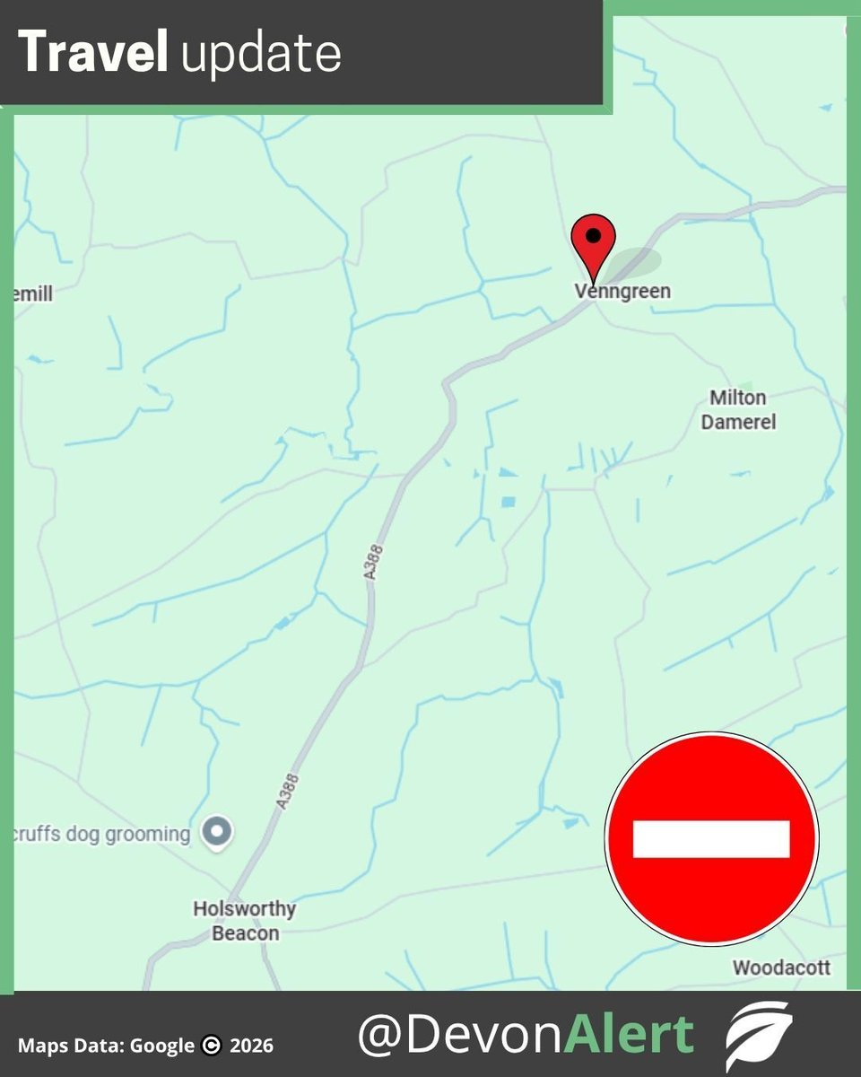 DevonAlert's tweet photo. 1.15pm - 1/6/2026
The A388 is closed for an ongoing police incident at Venngreen, near the junction for Derworthy Lane. 
Please avoid the area and allow additional time for your journey. NG
#Devon @BBCDevon @StagecoachSW https://t.co/dyUCT0Kuqo