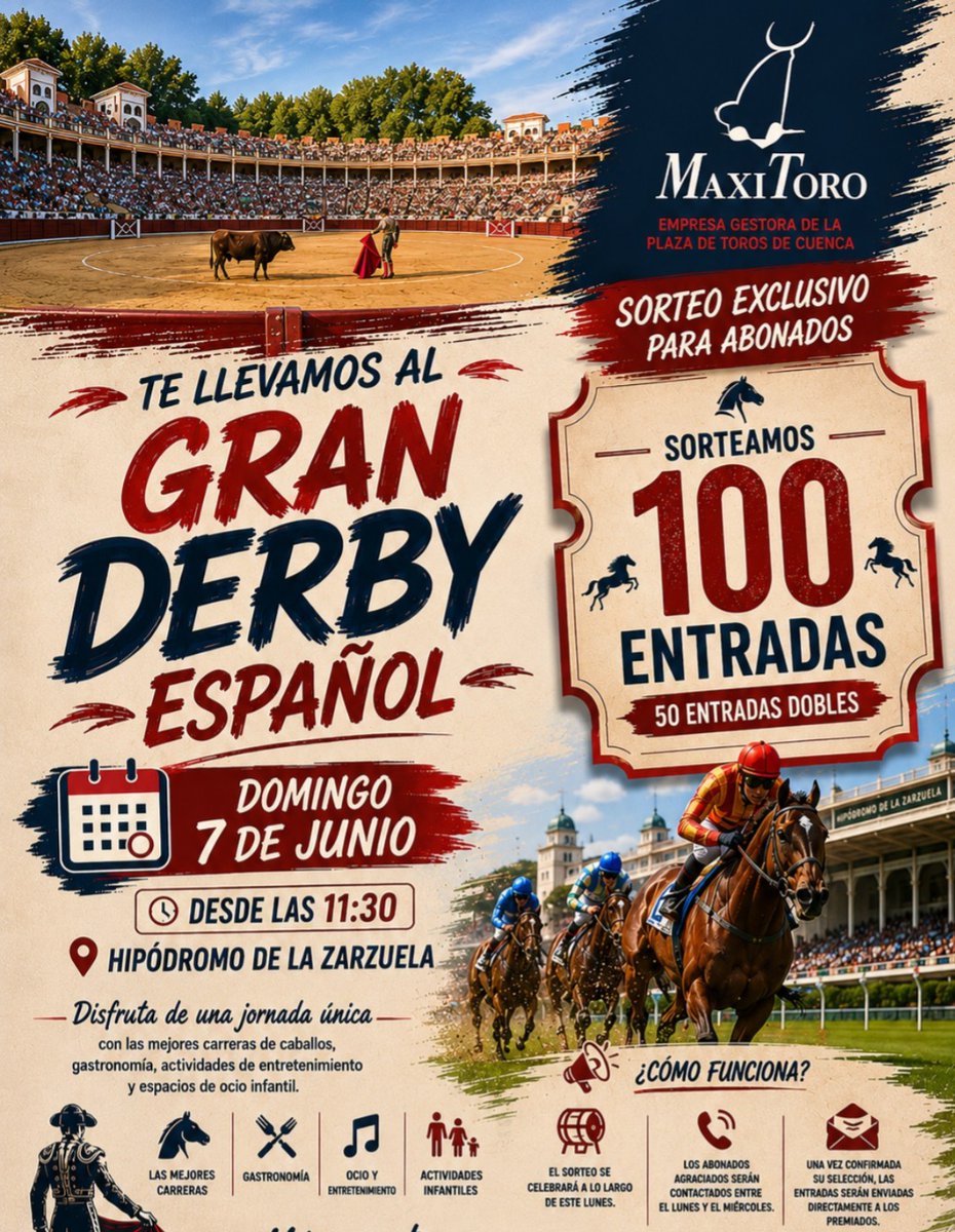 MaxiToroSL's tweet photo. 🏇🎟️ ¡Maxitoro te lleva al Gran Derby Español! Porque ser abonado de la Plaza de Toros de Cuenca tiene ventajas...¡y de las buenas! 🙌

🎁 Sorteamos 100 entradas para disfrutar de una de las grandes citas de la primavera deportiva:
👉 50 entradas dobles para el Gran Derby Español https://t.co/dz5rS2hY0e