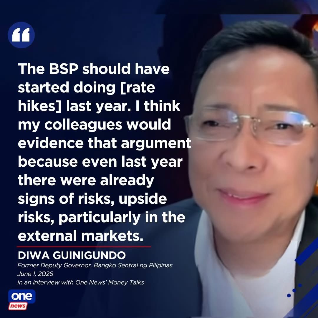 cathyyang's tweet photo. Former Bangko Sentral ng Pilipinas (BSP) deputy governor Diwa Guinigundo says the central bank should have started hiking rates since last year, since there were already “signs of risks” in the external markets.

Guinigundo stresses that the BSP “could have taken a more decisive action much earlier” when forecasts as early as February showed average inflation for 2026 and 2027 were about to breach the central bank’s two-to-four percent target range. 

For May alone, the BSP is forecasting inflation to range between 7.1 and 7.9 percent. 

The Monetary Board will next meet on June 18. | via Money Talks

📷: One News

WATCH: https://t.co/7SM5TizFew