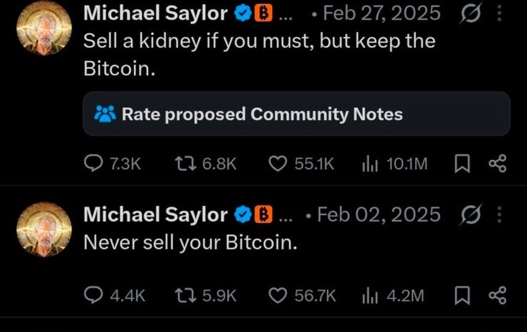 xcashadvance's tweet photo. Michael Saylor's 'Strategy' sold 32 $BTC worth $2.5M.

Does it mean he has already sold his kidneys? 🤔 https://t.co/imUnhwoLsD