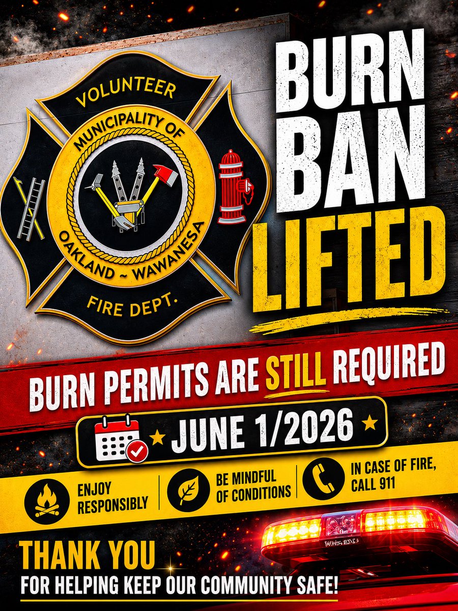 OWFireDept's tweet photo. Today as of 0700 the fire ban for the Municipality of Oakland Wawanesa has been lifted. Thank you for your cooperation https://t.co/IyGgBsWan6