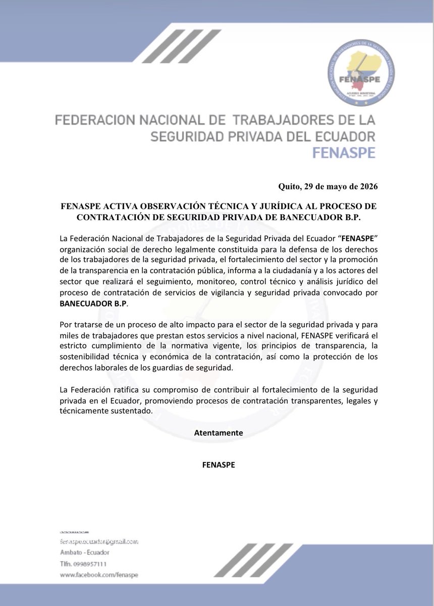 FENASPE1's tweet photo. 🔴🔴🔴
#ATENCION 
🚨 FENASPE inicia el monitoreo y vigilancia ciudadana al proceso de contratación de #Seguridad privada de @BanEcuadorBP, en defensa d la transparencia, la legalidad y los derechos d los trabajadores del sector👮‍♀️✅
@SERCOPec 🔎
@eduardopenah 
@ContraloriaECU https://t.co/MLYbDPjCiN