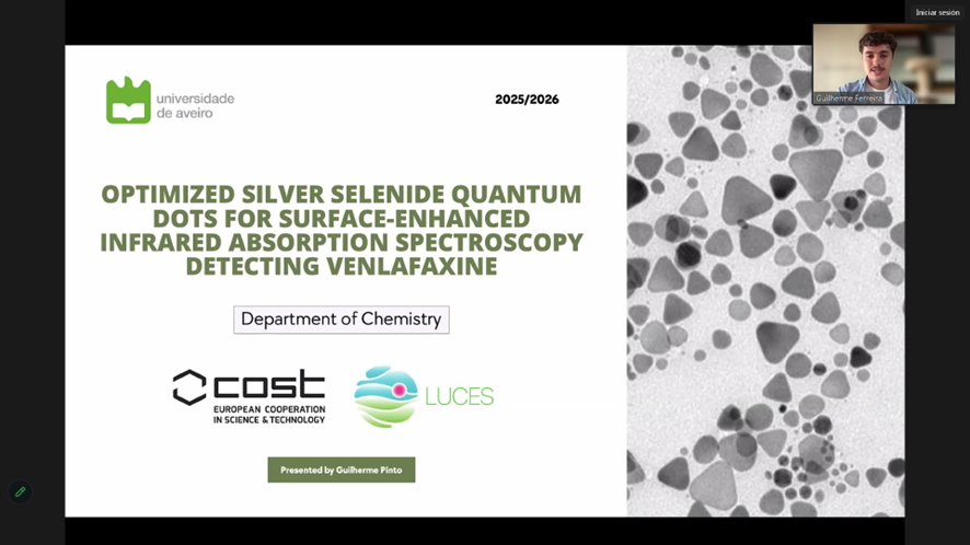 LUCESCOSTAction's tweet photo. We concluded today's webinar series with a superb presentation by G. F. Pinto from the U. Aveiro. He discussed "Optimized Ag selenide quantum dots for surface-enhanced IR absorption spectroscopy detecting venlafaxine," showing impressive advancements in spectroscopy and detection https://t.co/KcBjNOBMGj