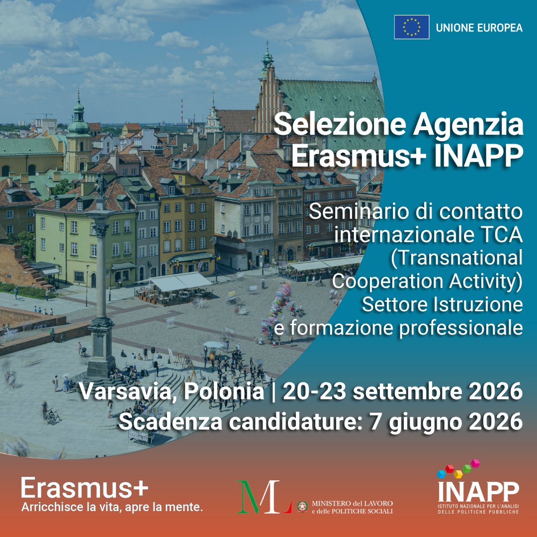 ErasmusPlusINAP's tweet photo. ⏰C’è tempo fino al 7 giugno per candidarsi alla TCA sull'AI nel settore #VET.
📍 Varsavia, Polonia | 20–23 settembre 2026
✈️ Viaggio rimborsato al 95%
🔗 https://t.co/9UbJpNk9Fl
@InappGov https://t.co/0snkkZCCPx