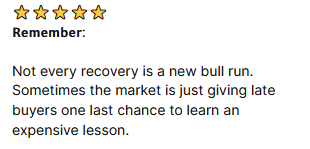 Deishma's tweet photo. The easiest way to lose money? 
𝗠𝗶𝘀𝘁𝗮𝗸𝗶𝗻𝗴 𝗮 𝗗𝗲𝗮𝗱 𝗖𝗮𝘁 𝗕𝗼𝘂𝗻𝗰𝗲 𝗳𝗼𝗿 𝗮 𝗰𝗼𝗺𝗲𝗯𝗮𝗰𝗸

One of the most dangerous traps in the stock market.

A stock crashes 40-60%.

Suddenly it rallies 10%, 15%, even 25% in a few days.

Social media gets excited.
News channels start finding reasons.
Retail investors think:
"Bottom is in."
Many rush to buy.

Then the stock resumes its downtrend and falls even lower.

That's called a Dead Cat Bounce.

The name comes from an old Wall Street saying:

"Even a dead cat will bounce if it falls from a great height."

this often happens after:
• sharp operator driven selling
• disappointing results
• regulatory issues
• excessive valuation corrections
• sector-wide panic

The bounce feels strong because everyone is anchored to the old price.
₹1,000 stock falls to ₹500.
Rallies to ₹600.

People think:
"It's still 40% below its high."

The market thinks:
"It's still in a downtrend."

⭐⭐⭐⭐⭐
𝗥𝗲𝗺𝗲𝗺𝗯𝗲𝗿:

Not every recovery is a new bull run.
Sometimes the market is just giving late buyers one last chance to learn an expensive lesson.

#StockMarket