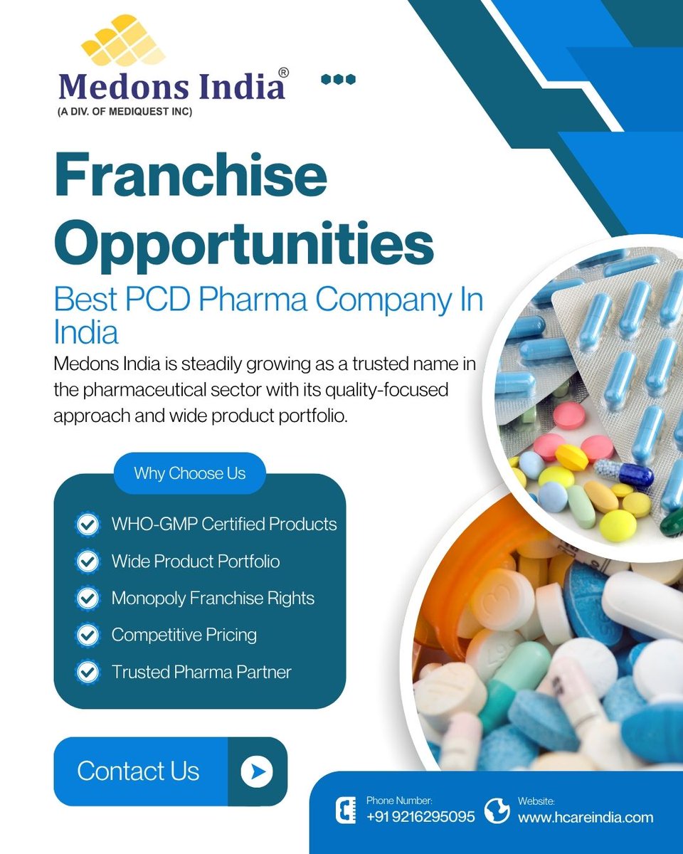 MedonsIndia's tweet photo. Best PCD Pharma Company In India – Medons India provides WHO-GMP certified medicines, monopoly franchise, and strong business support for pharma growth.

More Info : https://t.co/Zys4rxEK79

#PCDPharma #MedonsIndia #PharmaFranchise https://t.co/Mmb8042vyq
