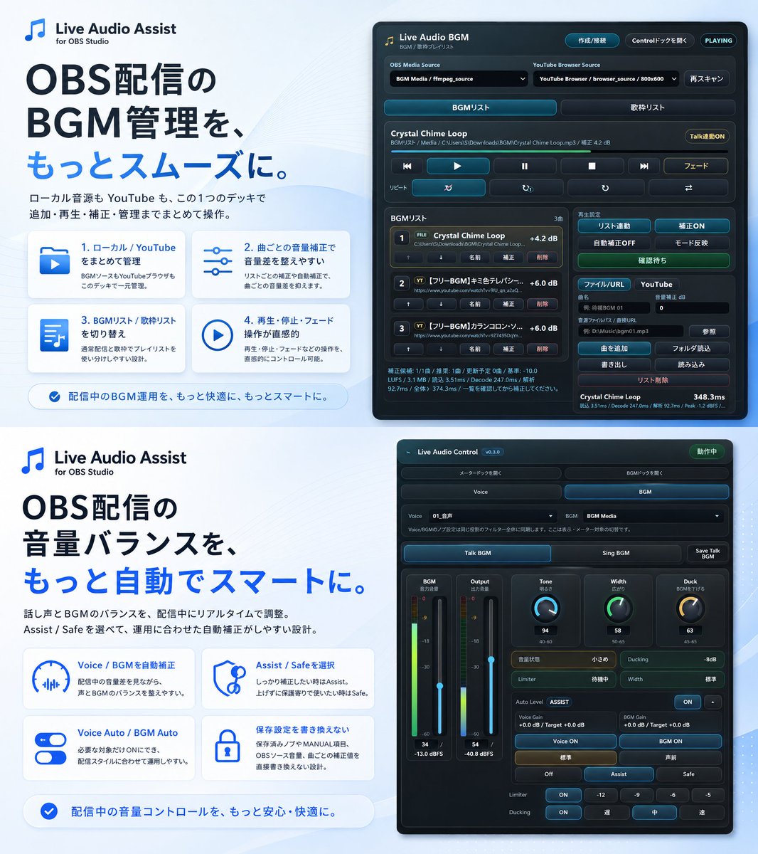 sayaka_aiart's tweet photo. OBSの音を操る！
Live Audio Assist

機能を追加してv0.3.0の公開を行いました！
6/14までキャンペーン価格＆
専用Discordサーバーへの招待付きです

あれもこれも入れたいと開発してたら
機能の追加修正がかなり多くなり、内部は
無料配布していたものとは全くの別物になっています
詳細はリプのリンクから確認してください
全く別物になっているので、初期バージョンのv0.1.0は無償配布を継続することにしました

特にBGMリスト機能は
PCに保存している曲とYouTubeURLをまとめてリスト化できる便利機能です！
リスト内の音源自体はそのままに
配信音量のノーマライズを行うので一定のBGM音量での配信が可能です
緩やかに修正を行うオートレベラー機能も追加されています

【大きな追加機能】
BGM管理、再生リスト機能
Voice&BGMオートレベラー機能

【変更箇所】
自動チェック機能のロジック最適化
内部DSPチェーンの変更
その他不具合をいろいろと修正

#無償配布 #無償配布 #OBS #プラグイン