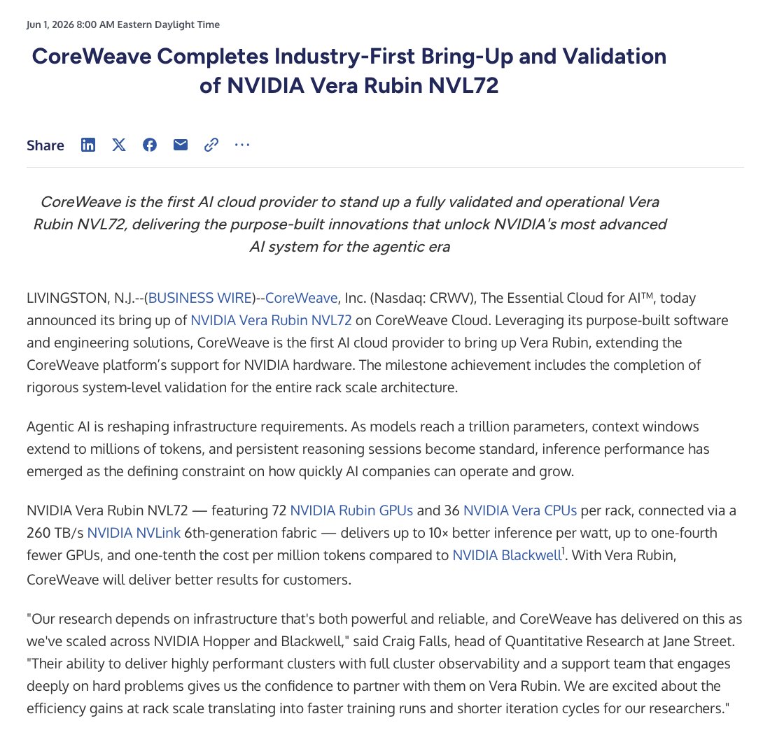 DACBOXING's tweet photo. CoreWeave just pulled off something no one else has done yet — they brought up and validated the first-ever NVIDIA Vera Rubin NVL72 system 🚀

Big news for AI infrastructure 👀

https://t.co/O4zUjfV05j https://t.co/rbrTdOq0Cp