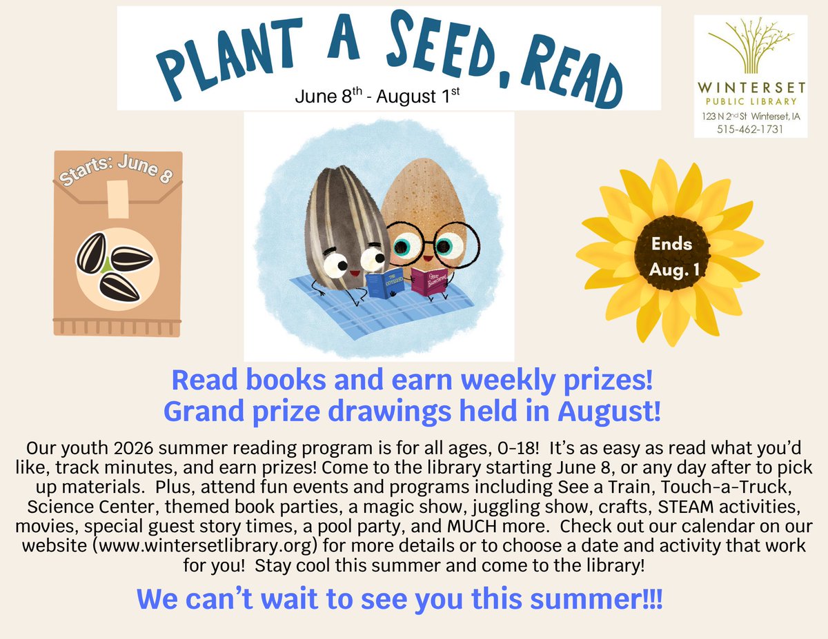 WintersetLib's tweet photo. We especially love the uptick in visitors during the summer months and encourage summer reading participation from all ages!  

We can't wait to hand out summer reading materials next week! https://t.co/eurSeyAn3y