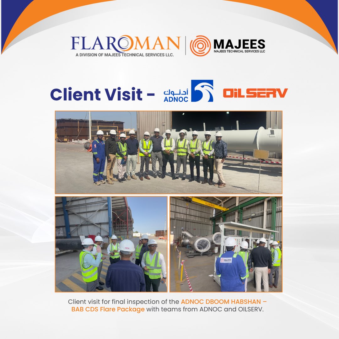 majeestech's tweet photo. A successful final inspection completed for the ADNOC DBOOM HABSHAN – BAB CDS Flare Package, demonstrating strong collaboration between FLAROMAN, ADNOC, and OILSERV teams.
Committed to delivering quality, precision, and engineering excellence in every project. https://t.co/OzSsoJuyAj