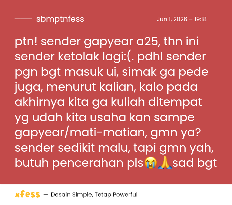 sbmptnfess's tweet photo. ptn! sender gapyear a25, thn ini sender ketolak lagi:(. gimana kalo pada akhirnya kita ga bisa kuliah di univ yg udh kita perjuangin:( ptn! https://t.co/IoqtoxO70b