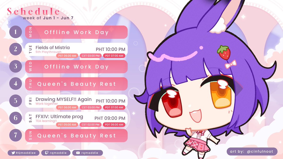 rqmaddiee's tweet photo. 『 𝐖𝐄𝐄𝐊𝐋𝐘 𝐒𝐂𝐇𝐄𝐃𝐔𝐋𝐄 + REMINDERS 』
⋆✮-------------------------------✮⋆
🟣: https://t.co/UQKHpTQO1F
🔴: https://t.co/AABpQ4cwZ1
Timezone GMT+8/PHT

Another Gaming and Art week!!
See you oki?! ❤️ https://t.co/1vgBBqmCLd