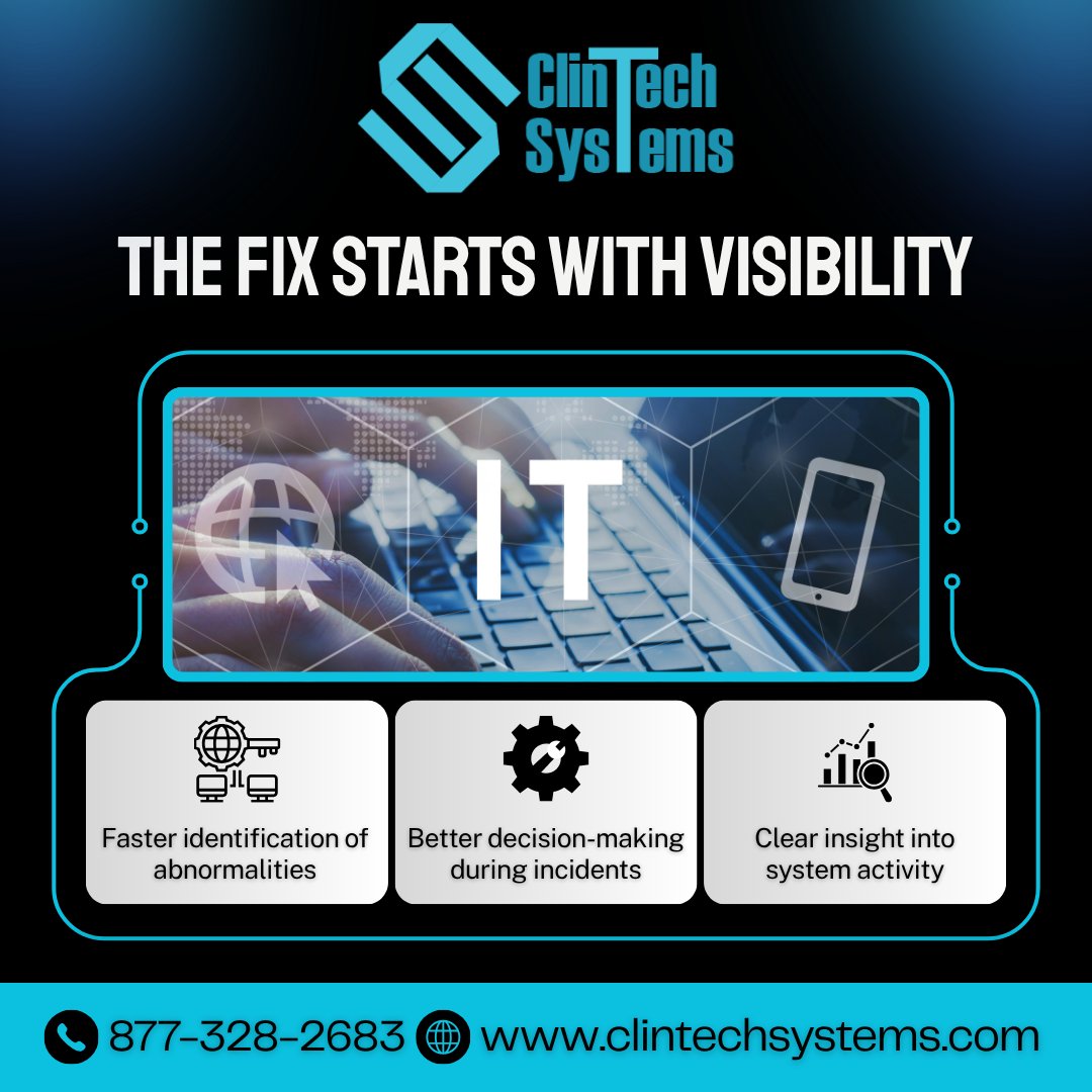 ClintechSystems's tweet photo. The Fix Starts With Visibility

• Clear insight into system activity
• Faster identification of abnormalities
• Better decision-making during incidents

📞 877-328-2683
✉ support@clintechsystems.com
🌐 https://t.co/m4vtxekUFw

#HealthcareIT #ManagedServices https://t.co/76vXCByKDF