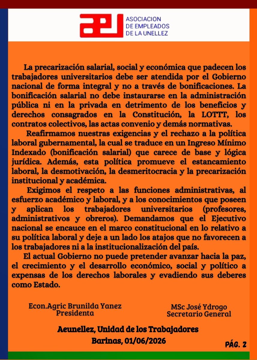 aeunellez2017's tweet photo. Posición de la Asociación de Empleados de la UNELLEZ (AEUNELLEZ) ante la asignación del Bono de Responsabilidad Académica y Profesional (BRAP).
#BonoNoEsSalario
#AumentoSalarialYa https://t.co/F2lkGQGbO3