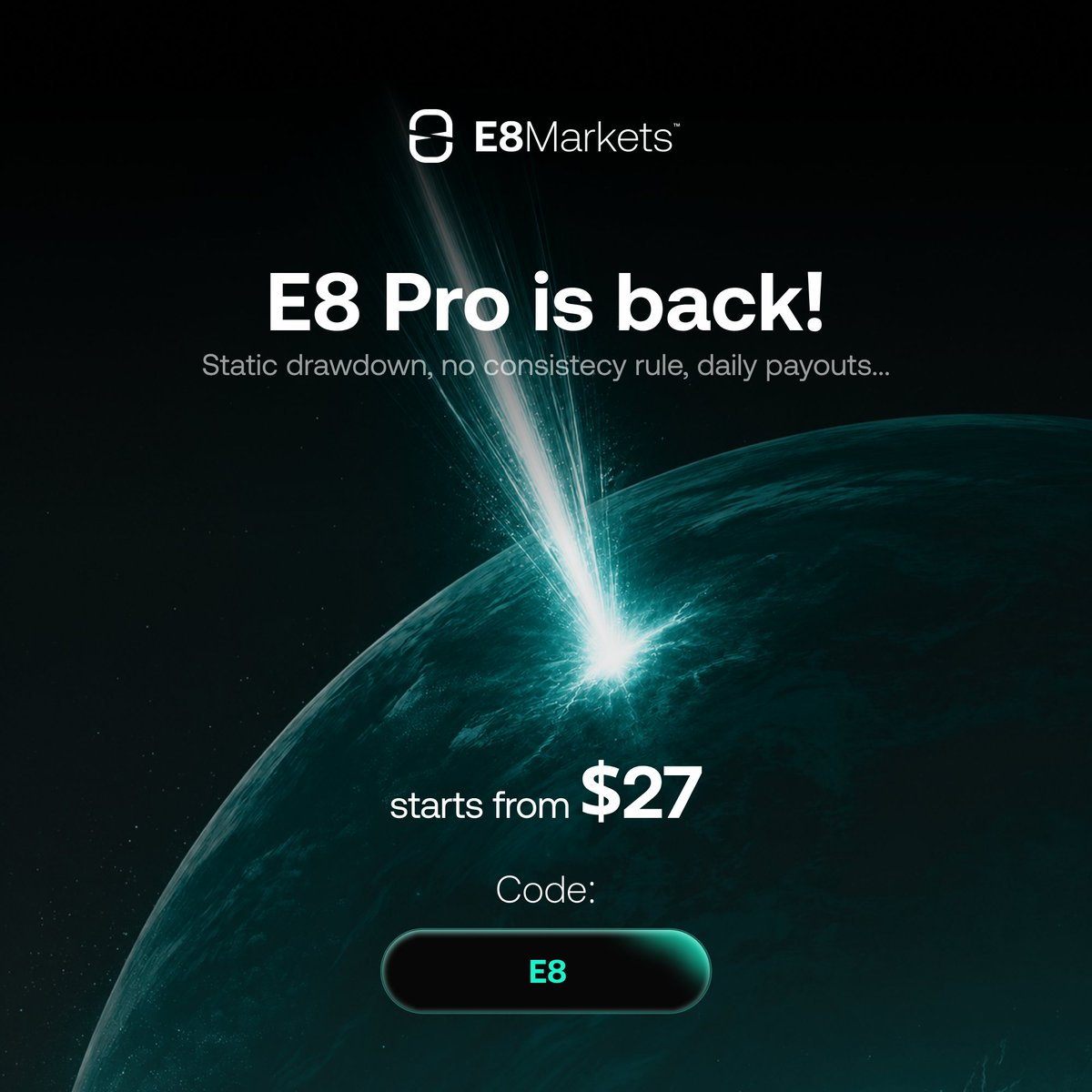 onrhnb's tweet photo. 🆕E8 Pro is back! @E8Markets 

- Daily payouts.
- Static drawdown.
- No consistency rule.
- No payout caps.
- Overnight and weekend holding.

Starts from just $27 after the 30% discount promo.

Code: E8

Link in the comments.