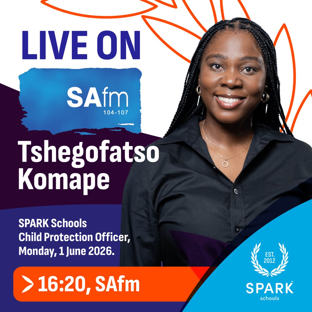 SPARKSchools's tweet photo. 📻 Tune in to SAfm today between 16:20 and 16:30 as SPARK Schools Child Protection Officer, Tshegofatso Komape, joins the conversation on the importance of child protection and raising awareness about keeping children safe.

As South Africa observes Child Protection Week, this discussion serves as an important reminder that protecting children is everyone's responsibility.
