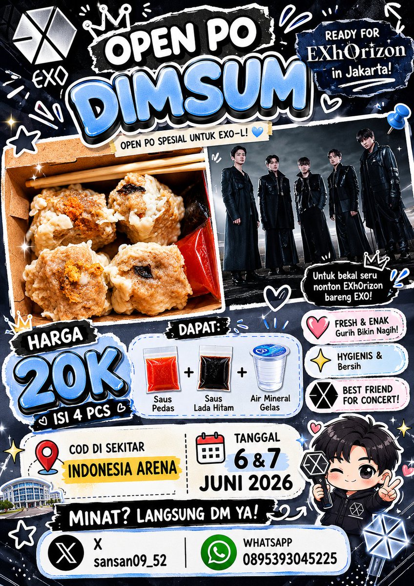 sansan09_52's tweet photo. β¨ OPEN PO DIMSUM EXO-L SPECIAL! β¨
Yang minat silahkan dm atau bisa hubungi nomer yg tertera di poster yaa π
#EXO #EXhOrizon_In_Jakarta #EXOL #KonserEXO #EXOLIndonesia #ReadyForEXhOrizon #EXOLSupportEXO πβ¨ https://t.co/zWU0DMyRsV