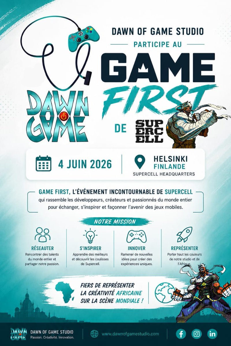 dawn_of_game's tweet photo. Nous sommes très heureux de vous annoncer que notre studio va participer au Game First de Supercell en Finlande ce 4 juin 2026.  🇨🇲 🇨🇲 👊🏾 https://t.co/BI3nUP8oTh