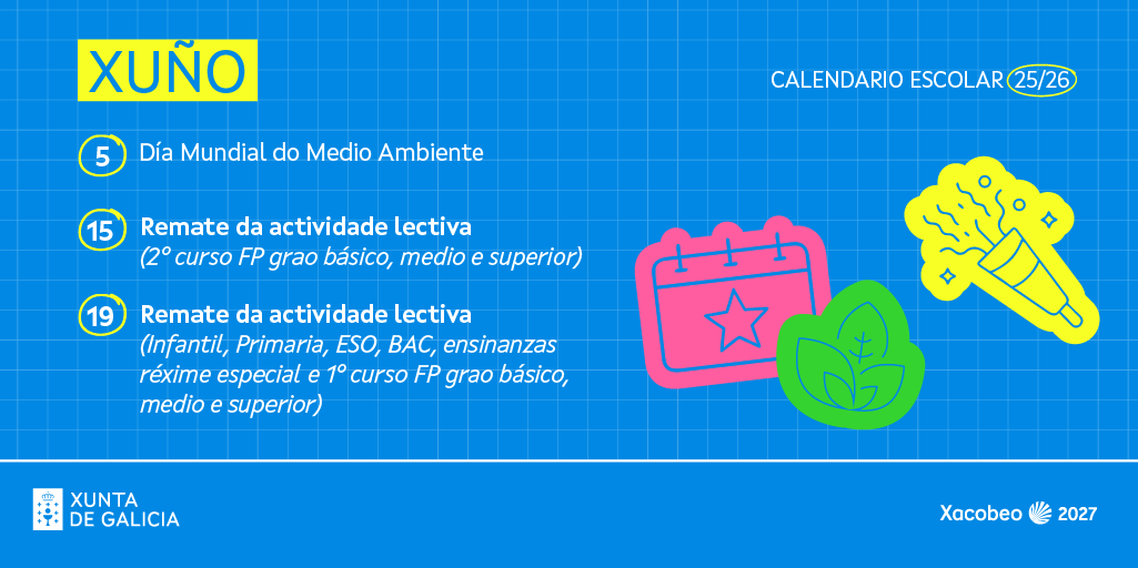 EduXunta's tweet photo. 📅 Derradeiro mes do curso 25/26! 

Cales son as datas sinaladas do #CalendarioEscolar? 👇🏻

🌍 5: Día Mundial do Medio Ambiente
📚 15: Remate en 2º curso de FP
🎓 19: Remate en Infantil, Primaria, ESO, Bacharelato, Réxime Especial e 1º curso de FP

Imos a pola recta final! 💨 https://t.co/m17Hz8312l