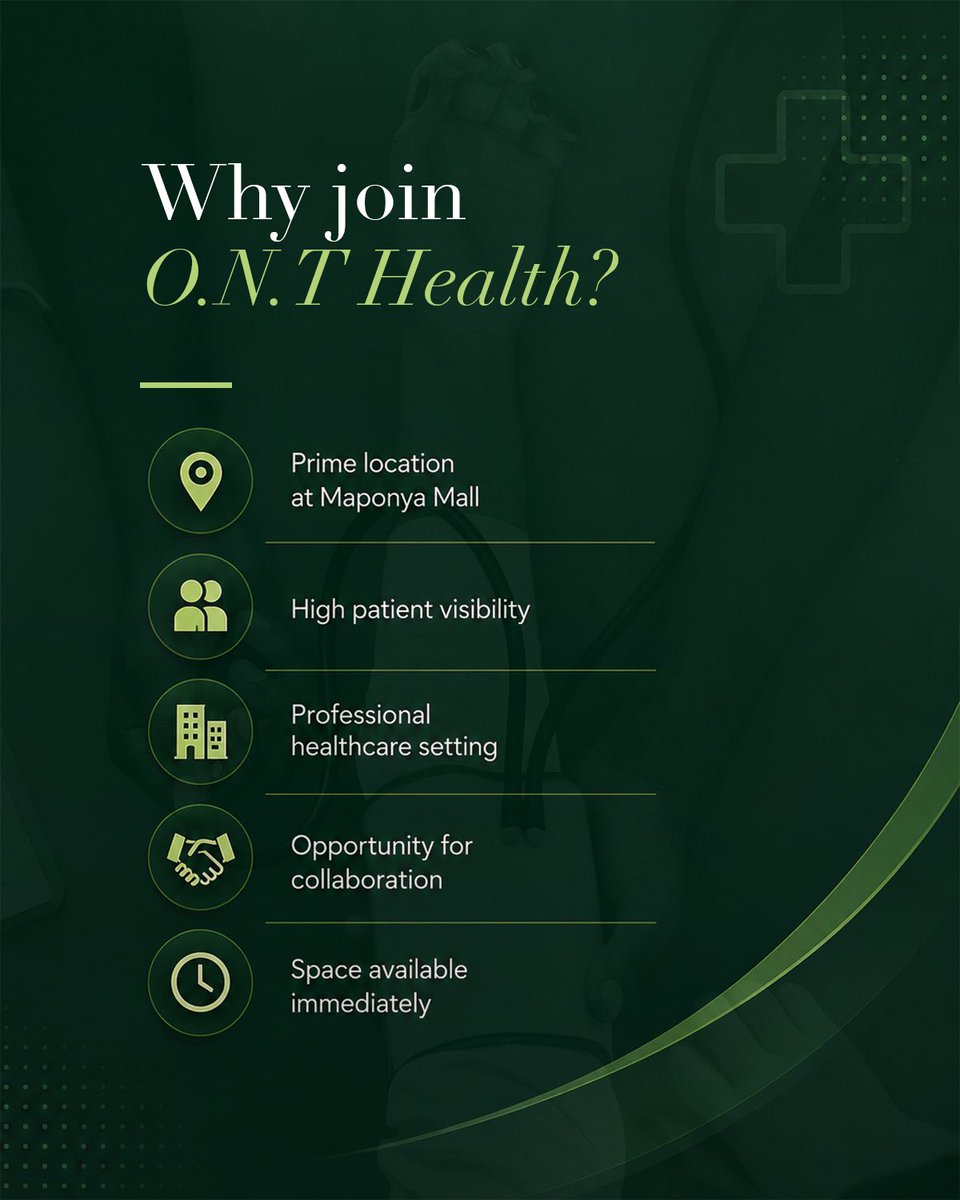MedicsWhoCare's tweet photo. We're expanding our healthcare community at O.N.T Health, Maponya Mall.

If you're a healthcare professional looking to grow your practice within a professional and collaborative environment, we'd love to hear from you.

📩 Olwethu@onthealth.co.za
📞 078 757 7733 https://t.co/iFvlRIY9Bu