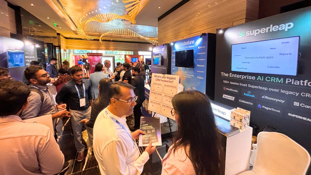 SuperleapAI's tweet photo. What a day at the Inc42 #AISummit 💚

#Superleap booth was buzzing, thanks to everyone who stopped by up, engaged, and made time for real conversations.

The future of CRM is AI-native, and it's exciting to see how many teams are ready to make that leap.

#AICRM #Inc42 #Bengaluru https://t.co/TARz4G1vzt