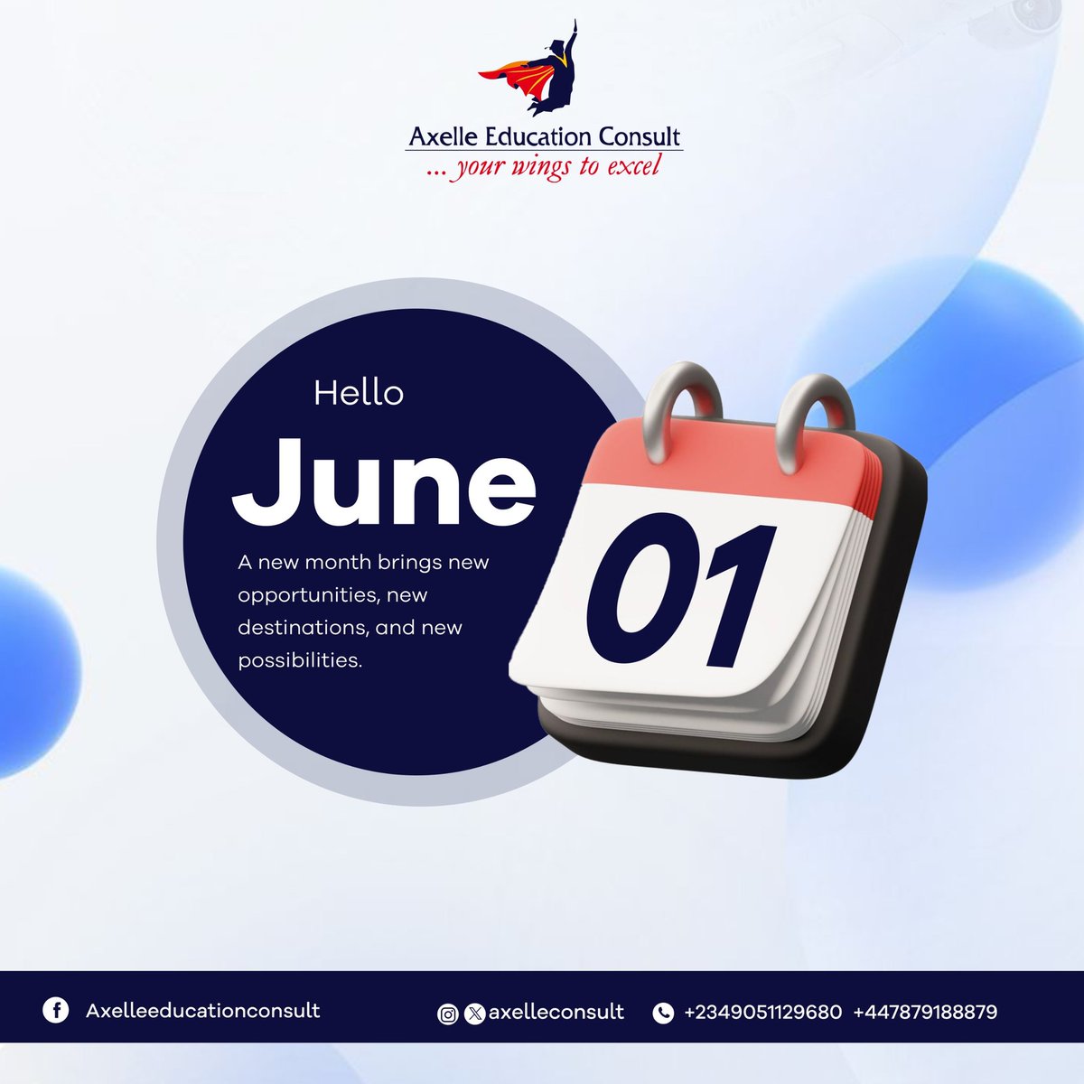 AxelleConsult's tweet photo. New month, new opportunities! 
Axelle Education Consult is here to guide your study abroad journey this June.

#HappyNewMonth  #StudyInTheUK #GlobalOpportunities #EducationWithoutBorders  #YourFutureStartsHere https://t.co/z7dq8eXeN1