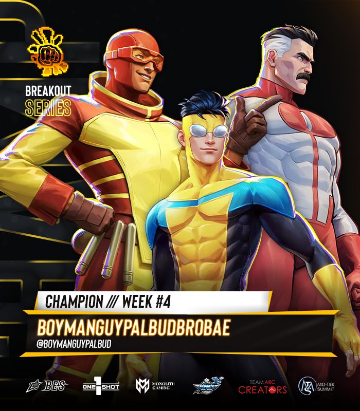 BreakoutES's tweet photo. 💫 BREAKOUT Series: #InvincibleVS #4

Congratulations to @BoyManGuyPalBud!!!

🏅 Your BES Top 8:
Outdated Sauce / RellzDaDon / @Itz_Spur / @CarleGG_ / @Kelso2Times / @dwarf / @dolphinking_x

🎙️ Special Thanks to: 
@TheMrLeapFrog, @Marcopolo177, @UchiGang, & @MegaphoneFranke

#BREAKOUTSeries