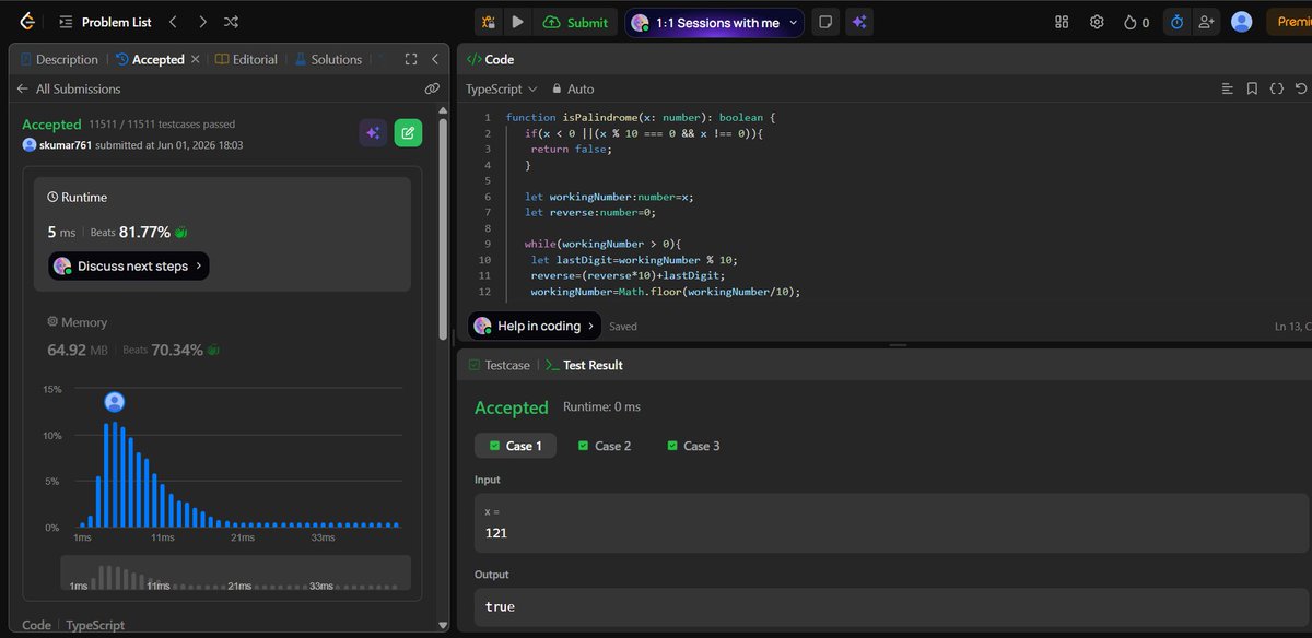 realclub108's tweet photo. Solved the isPalindrome problem using pure math—completely without string conversion! 🧠💻

Code accepted with an 81.77% runtime beat. Every bit of optimization counts! 🚀

#LeetCode #Coding #TypeScript #DataStructures #Algorithms #100DaysOfCode #WebDevelopment #ProblemSolving https://t.co/9ejjsv2sCz