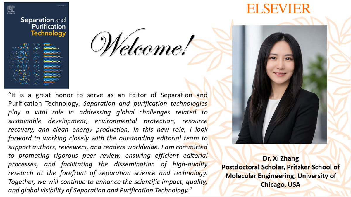 SepPurifTech's tweet photo. 🎊🎊🎊Welcome our new editor, Dr. Xi Zhang, University of Chicago, to join SPT editorial team.

Her research expertise include: Water Treatment and Pollutant Removal, Advanced Oxidation Processes, Homogeneous and Heterogeneous Catalysis, Carbon- and Metal-Based Catalysts, etc. https://t.co/UASFD8J4xd