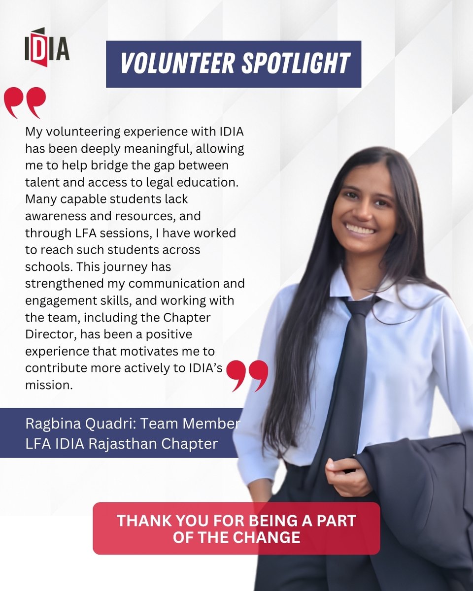 IDIALaw's tweet photo. Ragbina has played a key role in strengthening the grassroots presence of the IDIA Rajasthan Chapter by spearheading 10 Law for all (LFA) sessions across districts including Jodhpur, Chittorgarh, Bikaner and Udaipur. She was also the driving force behind the chapter’s first ever outreach initiative in Bikaner, contributing significantly to both its planning and execution.

Alongside her outreach efforts, she has consistently supported us to conduct and evaluate the IDIA National Aptitude Test (INAT), helping uphold the effectiveness and integrity of the selection process. Her dedication and commitment continue to make a meaningful impact on IDIA’s mission.

We are Increasing Diversity by Increasing Access (IDIA) with the help of volunteers like Ragbina.

#idia #aspiringlawyer #justice #lawschool #volunteer