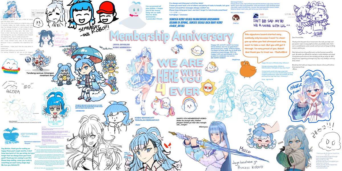BKGTheFatBird's tweet photo. 【Kobokerz Signature Board】Complete !! ☔️
(Repost)

Kobokerz ! thank you all parcipated this fan project !~
man...i'm really have a soft-hearted cause i extend this project again then again😅

but during this week still have some kobokerz submitted the message and drawing, so i it's worth it after all👍

Hope Kobo will like it, because i saw you guys send many sweet message and drawing to her💙

this will be the last result of this project, no reopen or delay now...so if you still not parcipate please wait to the next fan project🙏

#kobokaneru #kobokerz #KoboFanProject