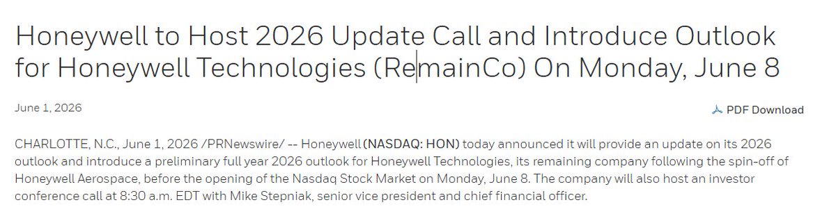 InsideArbitrage's tweet photo. ✈️ Honeywell $HON  will provide an updated 2026 outlook and unveil a preliminary 2026 outlook for Honeywell Technologies, the automation-focused company that will remain after the planned spin-off of Honeywell Aerospace.

📅 The update will be released on June 8, followed by an investor call with CFO Mike Stepniak. The event comes between Honeywell Aerospace’s investor day on June 3 and Honeywell Technologies’ investor day on June 11.

🚀 Honeywell Aerospace is expected to separate on June 29, 2026, creating one of the largest publicly traded pure-play aerospace and defense companies, trading under the ticker “HONA.”

🏭 Following the separation, Honeywell Technologies will focus on industrial automation, AI-enabled software, digital operations, and connected infrastructure as Honeywell continues its broader transformation into a more focused technology-driven company.