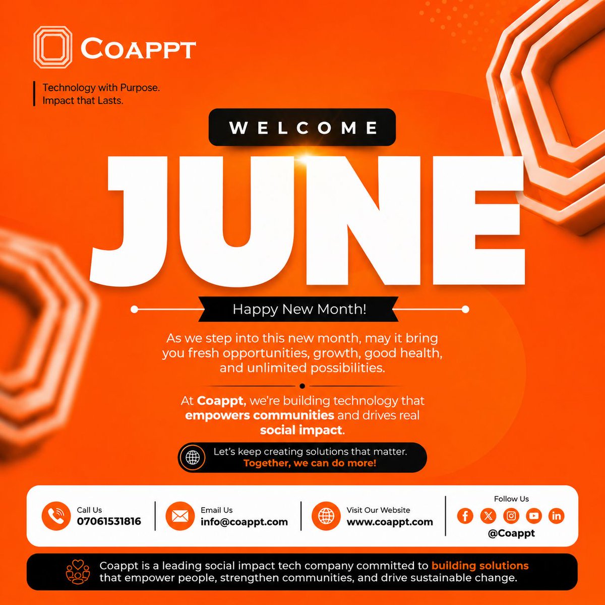 coappt's tweet photo. June Is Here.
A new month presents another opportunity to build, innovate, and create solutions that matters.

Together, let's continue building technology with purpose and impact that lasts.

Happy New Month.

#Coappt  #SocialImpact #Innovation #HappyNewMonth https://t.co/EjwMETbbIr