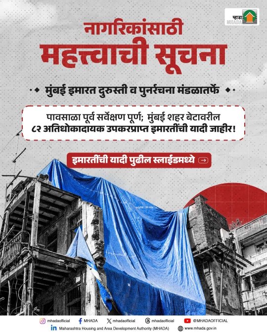 mhadaofficial's tweet photo. म्हाडाच्या मुंबई इमारत दुरुस्ती व पुनर्रचना मंडळातर्फे मुंबई शहर बेटावरील जुन्या आणि मोडकळीस आलेल्या उपकरप्राप्त इमारतींचे पावसाळापूर्व सर्वेक्षण पूर्ण करण्यात आले असून ८२ इमारती अतिधोकादायक म्हणून घोषित करण्यात आल्या आहेत.
.
.
#MHADA #MumbaiBuildingRepairBoard #PublicSafety https://t.co/qtdWAyWA8W