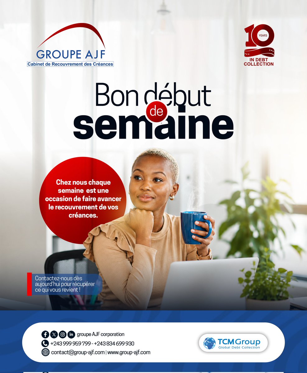 GroupeAjf's tweet photo. Nouvelle semaine, nouvelles opportunités. Faites le choix de récupérer l’argent qui vous est dû et redonnez de l’élan à votre activité. 

👉 Envoyez-nous votre dossier dès aujourd’hui.

#recouvrementdescréances #debtcollection #BusinessRDC #Entrepreneuriat #Finance #Gestion #Créances