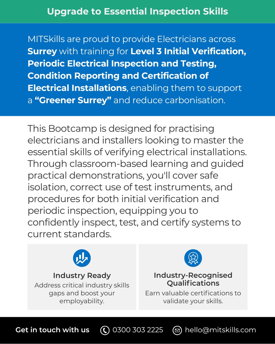 MITSKILLS's tweet photo. Secure Up to £1,500 in Funding for Your Level 3 Electrical Training!

🔗 Secure your spot or join the waiting list here:
https://t.co/oioETS5HG5

#MITSkills #GreenEnergy #SkillsBootcamp #GreenerSurrey #InspectionAndTesting https://t.co/JY33G4dqqI