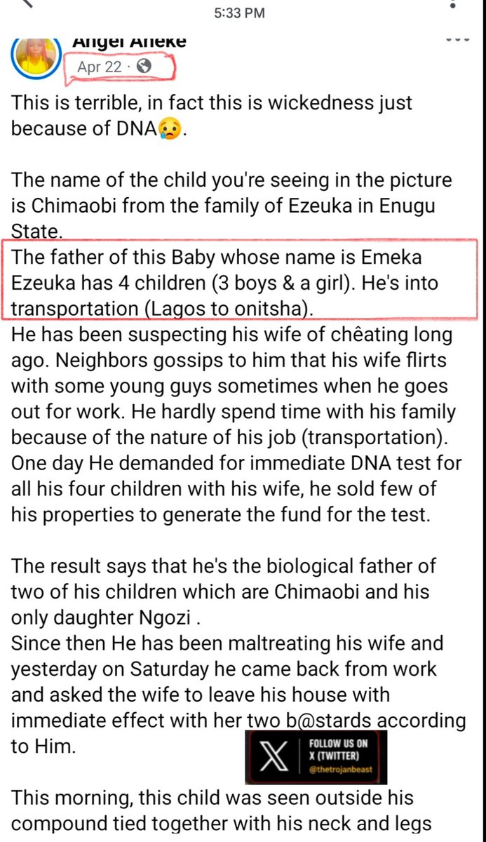 Onsogbu's tweet photo. It was an April 2026 picture of a tortured child by an Igbo man that propagandists started using as Oyo state kidnapped victim then went ahead to use a 2020 (6 years ago) picture for the same propaganda....
 Still continued with the propaganda by using an AI generated image as the students of the school

Shame on all of you.
