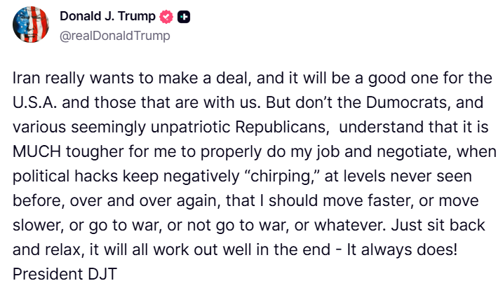 BrettErickson28's tweet photo. Far too late last night, President Trump took to Truth Social in order to beg the American people to believe in him. But more importantly from my perspective is the very last sentence:

"Just sit back and relax, it will all work out well in the end - It always does!"

MAYBE Donald... MAYBE if you had held to your word on the Epstein Files. Maybe if you didn't cover up for monsters. Maybe if you didn't launch war after war, followed by threat after threat.

You don't GET the luxury anymore of "just trust me bro". 

That's not a strategy, that's desperation.

As someone who has extensively analyzed this conflict from a plethora of different and unique angles, the harsh reality facing President Trump and the United States is that we are... completely and utterly screwed here. And that sucks. 

I do not buy for a single second that the Iranian regime is led by "good and moral people". They're not. Generally speaking, they are monsters that commit atrocities to their own people... but frankly, has Washington looked in the mirror recently?

From a strategic standpoint, "just trust me BLINDLY" is not a magic fix to an impossible situation, and that is where President Trump finds himself. 

Many in Trump's inner circle are screaming from the rooftops demanding that he launch Operation Freedom 2.0. You know... that remarkably stupid strategy that was canceled just a mere 48 hours after it was announced?

So why doesn't Operation Freedom 2.0 work?

New reporting from Peter Eavis and Eric Schmitt at The New York Times, published yesterday May 31st, highlights that the United States has guided 70 vessels through the Strait of Hormuz recently. Well, if by "recently" you mean in the past three weeks combined. This may come as a shock to some of you, but a whopping 3 vessels per day in not EXACTLY the same as the normal 130 vessels per day that navigated the Strait of Hormuz before the conflict.

And let's assume that the United States sends the full force of the U.S. Navy to reopen the Strait of Hormuz. That's gotta be a fix... right? RIGHT?! Of course not. Providing naval escorts to vessels not only would cost an exorbitant amount of money, while also putting the lives of our sailors at risk, but once again... it's not a viable way to restore traffic to the Strait of Hormuz in any way that would notably offset the ~13M barrels per day and 25% of global fertilizer that is being removed from the market. 

And what? Is this just going to be what the United States does in perpetuity now? Til the end of time, the United States is going to be the global chauffeur through the Strait of Hormuz? No, quite obviously, this is not a solution.

(Pete Hegseth emerges from the shadows): "MORE BOMBING! WAR!!!" *Chugs a beer with Kash Patel*

As I have addressed in previous posts, "more war" is not a solution either. 

One of the common tropes that I hear is that "if only NATO or the Middle East was willing to join us in this war". Listen... the Croatian Navy, believe it or not, isn't going to be what puts the United States over the edge in this conflict. The Lavian Air Force? Yes, I know they are renowned all throughout the... city of Riga... but no, I don't think that is going to be what puts the United States over the edge here.

The unfortunate reality is that there IS NO military solution to reopening the Strait of Hormuz. Could it, maybe, be opened through sheer military force temporarily? Perhaps, although even this is not clear, but is this a permanent solution? Absolutely not. This is because, in order to reclose the Strait of Hormuz, Iran merely needs to strike a single ship... or even just come CLOSE to striking a single ship. Then we are once again... right back where we started. 

So Frat Boy Pete... what about bombing inside Iran? They're just "rats" as the Trump Administration has repeatedly called them, right? 

... how'd that go the first time? Last I checked, the Supreme Leader is still a Khamenei (although now younger and more hardline), the President is still Pezeshkian (despite erroneous claims from the ever so reliable Iran International yesterday), the Minister of Foreign Affairs is still Araghchi, Vahidi still leads the IRGC, and Ghalibaf is still the Speaker of Parliment... I can't say the previous bombing campaign under Operation Epic Fury accomplished anything besides making Iran even MORE hardline.

But let's assume, for the sake of argument, we DID resort back to bombing. The entire issue here lies in the beaten to death term of "escalation dominance"... but it's true.

The Gulf countries have made it clear that they fear Iran now. They saw how easily they have been able to break through American defenses that Gulf countries spent billions and billions of dollars on for the singular reason of keeping them safe in a scenario such as this. They have watched as South Pars Gas Field was lit up by Iran. They have watched as the Fairmont Hotel on the Palm Jumeirah was struck by Iran. Gulf countries had to, as Trump so eloquently put it, "sit back and relax", and it failed. Catastrophically.

Iran has a multitude of options in which they can severely escalate far beyond what damage the United States can impose on Iran. Yes, even blatantly illegal strikes against critical infrastructure, energy facilities, bridges, and civilian targeting... Iran can escalate beyond this.

Iran can strike water desalination plants across the Gulf. While Iran absolutely has water availability issues of their own right now, only ~3% of Iran's water supply comes from desalination. But let's compare that number to some of their neighbors:
Qatar: 99%
Bahrain: 90%
Kuwait: 90%
UAE: 80%
Saudi Arabia: 70%

Get the picture? This can become an apocalyptic situation VERY quickly if Iran chooses to escalate in this way. 

But let's assume, for some reason, that out of the goodness of the Iranian regimes heart, they feel that this is a step too far in retaliation in defending against a war of choice being waged upon them by the Great and Little Satan. Bit of a leap there, but let's give them the benefit of the doubt as... apparently we are supposed to give Trump.

Iran can shut down the Bab al-Mandeb Strait. 

This is something they have long avoided throughout the conflict, but much like the Strait of Hormuz, even a small amount of drones, missiles, or even small arms fire can turn this waterway into a desert. The Bab al-Mandeb Strait accounts for ~25% of all global maritime shipping traffic. ~4M barrels of oil per day transits this narrow chokepoint. 20% of global LNG flows through this singular point.

You thought we were heading for a global recession? Let's make that a depression now.

Undersea cables? I'm guessing you saw these headlines as well. I guarantee you Pistol Pete and Ketel One Kash did. 

More than a dozen undersea cables lie in the Strait of Hormuz. These cables handle 20% of the global internet and financial data flow. Regionally between Europe and Asia? 90%. Once again... let's turn that recession into a depression. 

Iran - as a direct result of poor planning, execution, and adaptation from Washington - now is sitting on their Golden Goose in the Strait of Hormuz. They hold the cards. Pocket Aces. Trump, on the other hand, is trying to convince the American people that we're really playing Battleship. Washington is missing that this is not a problem that can be overcome by pure military might. They're playing the wrong game altogether.

So while President Trump asks us to "just sit back and relax", telling us that "it will all work out in the end", we need to realize that what he is telling us is that he has no plan. There IS NO strategy. 

Donald Trump is begging the American people to trust him blindly. 

I'm asking why on earth we should anymore.