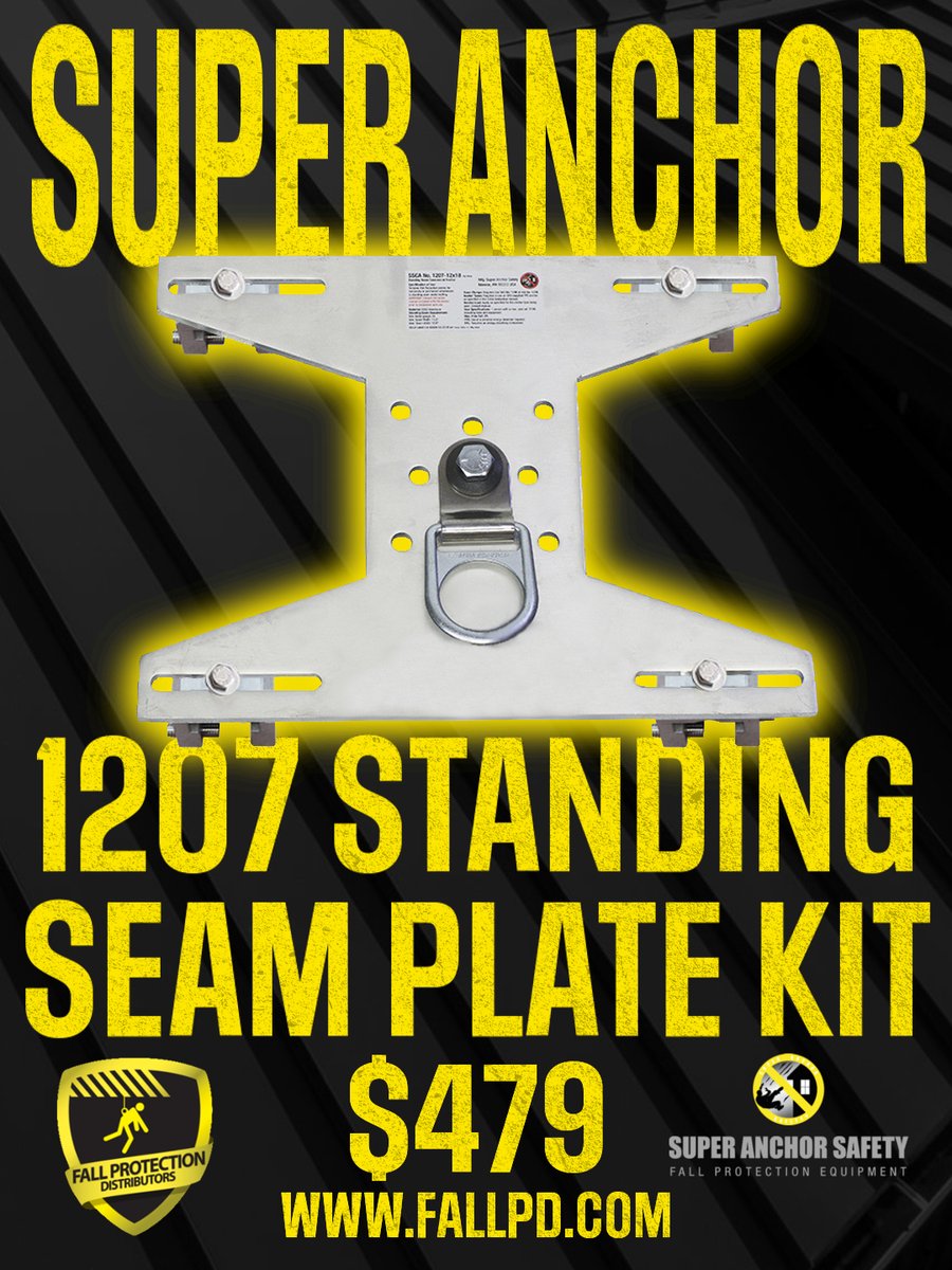 fall_pd's tweet photo. 🛠️ When roof integrity matters, the Super Anchor 1207 Standing Seam Plate Kit delivers uncompromising safety—without a single penetration. This all-in-one anchor system is engineered for standing seam roofs, using RoofClamp RCT clamps to lock in securely while preserving panel warranties. Whether you're rigging a horizontal lifeline or deploying SRLs, this plate is your go-to for compliant, versatile fall protection. @superanchorsafety_

🔧 Key Features:
Non-penetrating anchor plate with 4 RCT seam clamps
Compatible with 95% of standing seam profiles
Swivel D-ring supports SRLs, lifelines, and single-worker tie-off
Third-party tested to 5,000 lb load in specified directions
Available in 3 sizes: fits seams from 12" to 24"
Lightweight aluminum construction with stainless steel hardware
Meets ANSI, CSA, and OSHA standards

💥 Price: $479.00
📦 In stock and ships fast from Fall Protection Distributors!

#FallProtectionDistributors #FallPD #SuperAnchor #StandingSeamRoofAnchor #NonPenetratingAnchor #RoofSafety #RCTClamps #JobsiteSafety #SafetyFirst #HorizontalLifeline #SRLReady #WorkSafe #SafetySolutions #FallProtectionGear #RoofingTools #ConstructionSafety #AnchorPlate #SeamClampSystem #SafetyInnovation #OSHACompliant #SafetyMatters #WorkerSafety #IndustrialSafety #SafetyTech #RoofingLife #SafetyUpgrade #FallProtectionEssentials #StaySafeOutThere