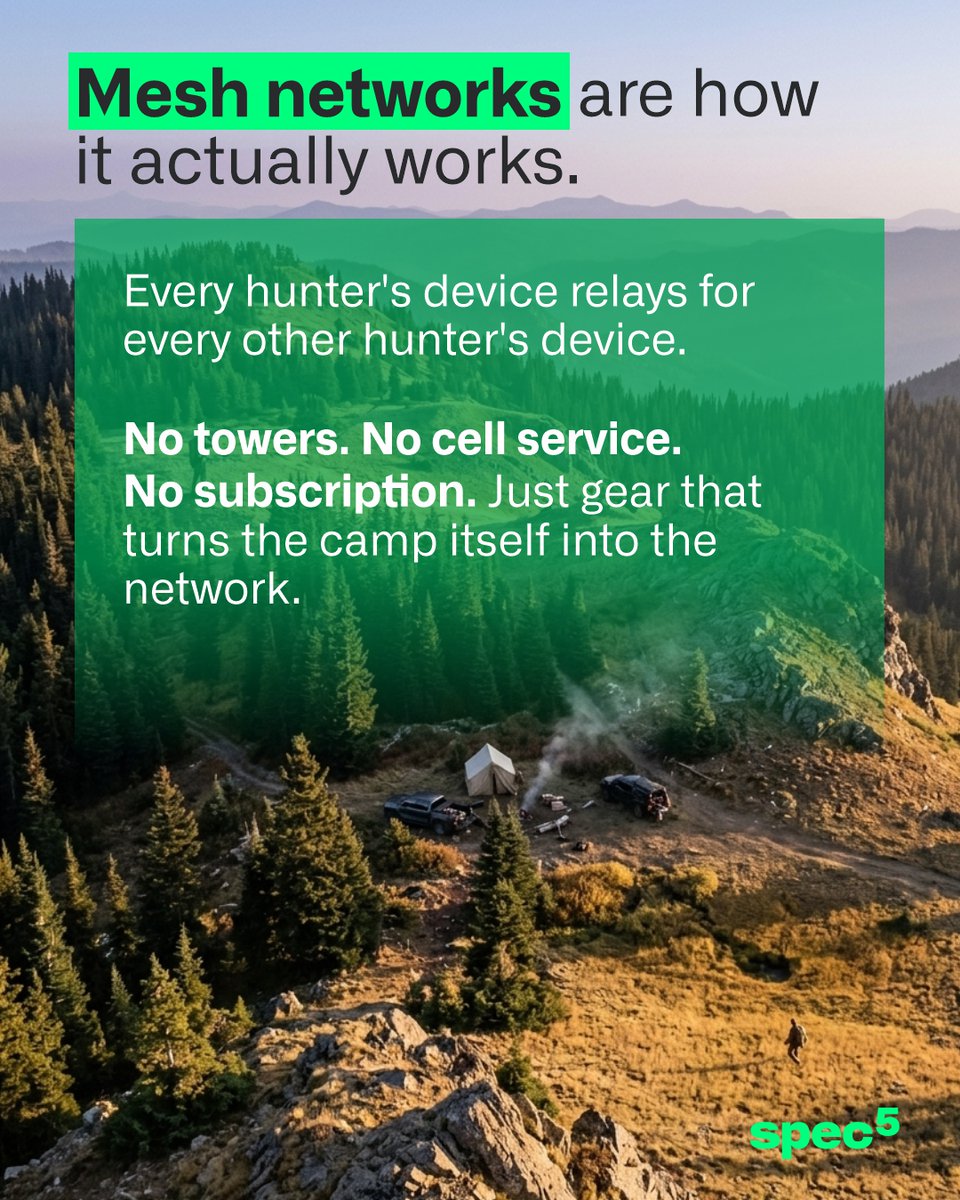 spec_five's tweet photo. While multi-day hunting camps often operate on strategies that generally succeed, unexpected events can disrupt the plan. Here’s how implementing a small mesh network can transform a backcountry camp from makeshift to well-organized. https://t.co/GuE4CyhcUW