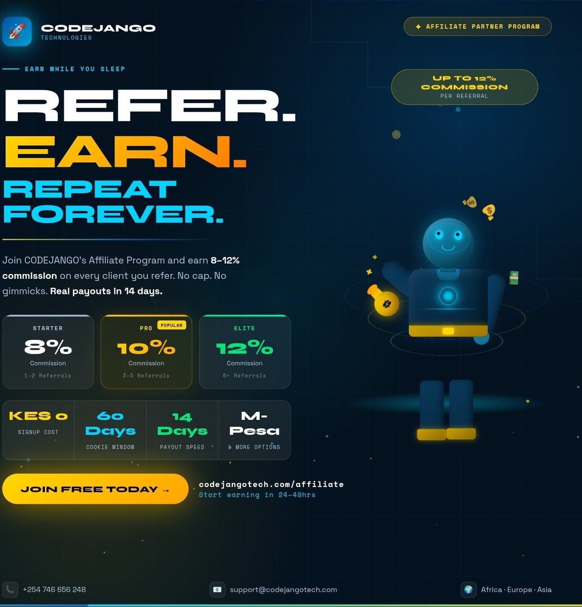 codejangotech's tweet photo. Want to earn 8–12% commission just by referring clients to a digital agency? 💰
CODEJANGO TECHNOLOGIES just launched our Affiliate Partner Program, free to join, real payouts via M-Pesa in 14 days.
Here's everything you need to know 👇🧵 https://t.co/TZvNJN8muJ