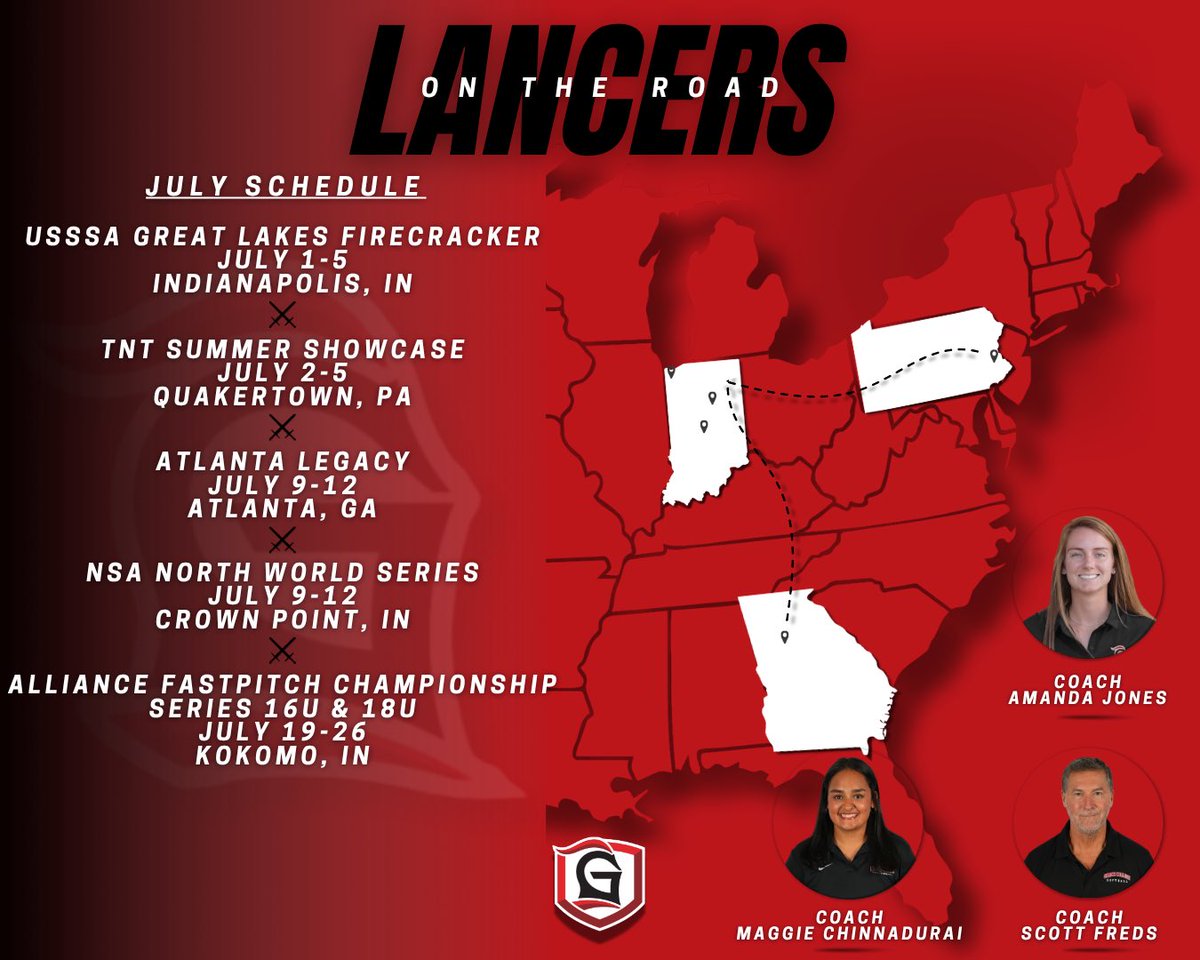 GC__Softball's tweet photo. Here, There, Everywhere 🚗✈️

Catch us on the recruiting trail this Summer looking for future Lancers! Send schedules our way! Lancer Up ⚔️ https://t.co/mIlUDVjkc0